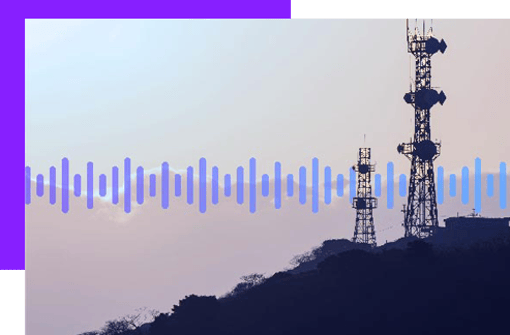 Photo of cell towers and communications towers in the evening silhouetted against the sky. In the background, a series of vertical purple lines runs across the frame.