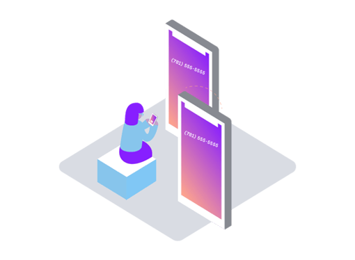 Illustration of a woman sitting in front of two oversized cell phones. The same phone number appears on each screen, with a dotted line connecting the phones representing phone number porting.