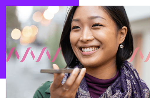 Photoillustration of a woman holding a cell phone with a smile on her face